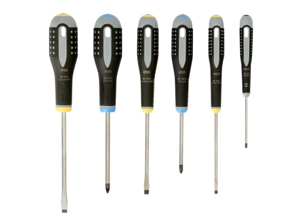 A 6-piece Bahco Ergo screwdriver set with assorted slotted and Pozidriv tips.