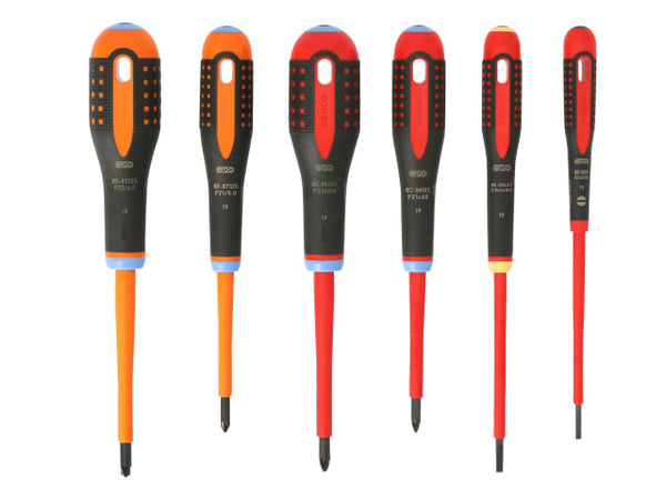 A 6-piece Bahco Ergo VDE insulated screwdriver set with assorted tips.