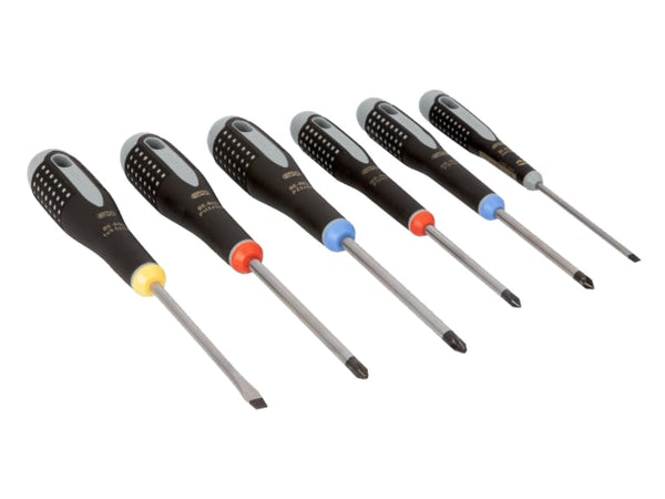 The six Torx screwdrivers from the Bahco Ergo set displayed in a line.