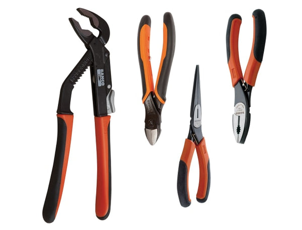 A 4-piece Bahco plier set with orange and black ergonomic handles.