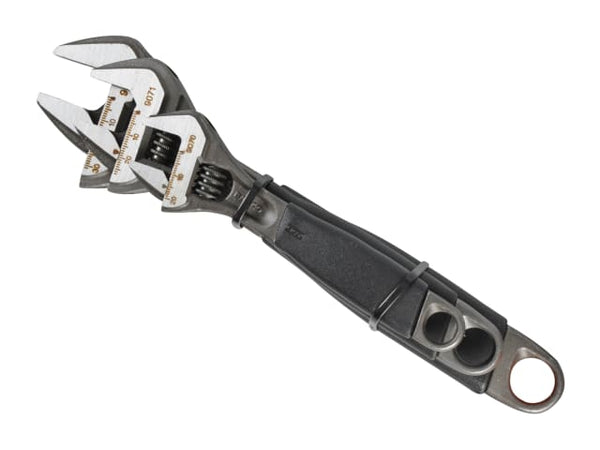A set of three Bahco Ergo adjustable wrenches in various sizes with comfort grips.