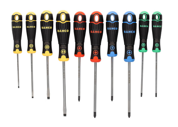A 10-piece BahcoFit screwdriver set with colourful handles for easy identification.