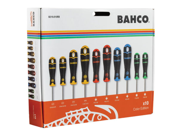 The BahcoFit 10-piece coloured handle screwdriver set in its retail packaging.