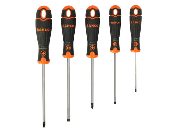 A 5-piece BahcoFit screwdriver set with a mix of Phillips and slotted tips.