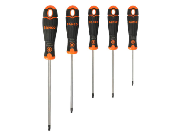 A 5-piece BahcoFit Torx screwdriver set with orange and black comfort grips.