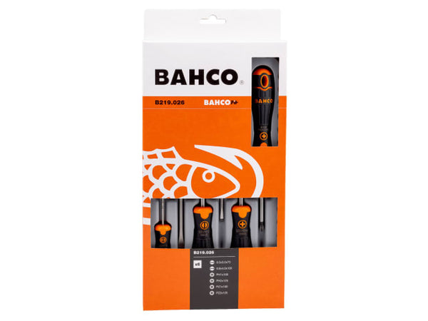 Packaging for the BahcoFit 6-piece slotted and Pozidriv screwdriver set.