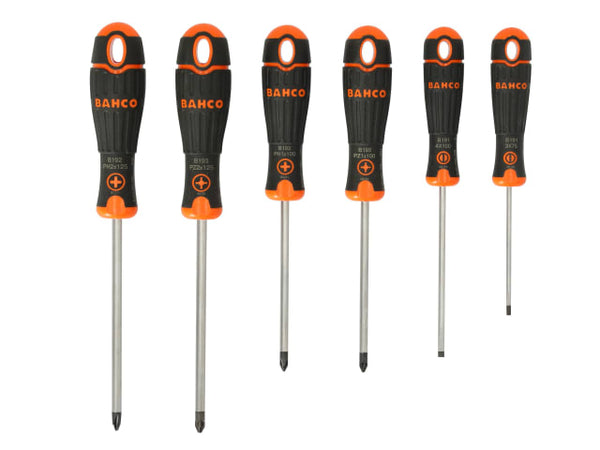 A 6-piece BahcoFit screwdriver set with slotted and Pozidriv tips.