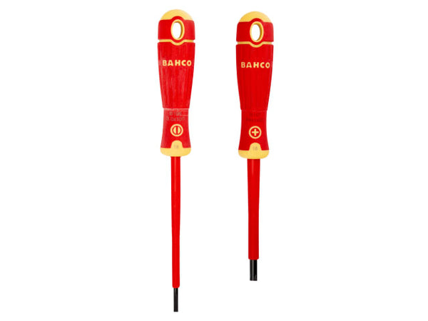 A 2-piece BahcoFit insulated screwdriver set with slotted and Pozidriv tips.