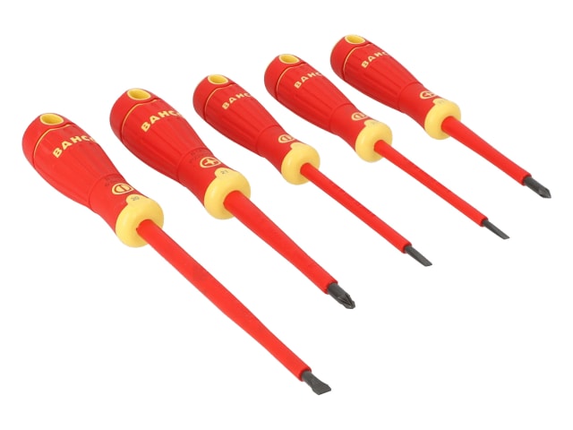 The five insulated screwdrivers from the BahcoFit set arranged in a row.