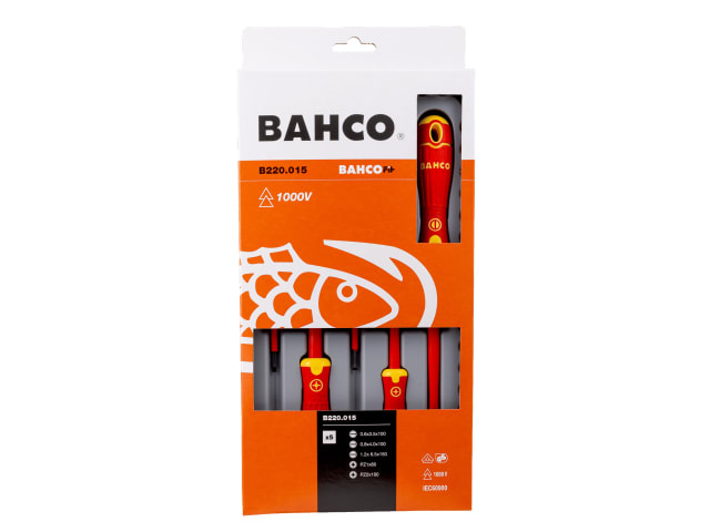 Retail packaging for the BahcoFit 5-piece insulated screwdriver set.