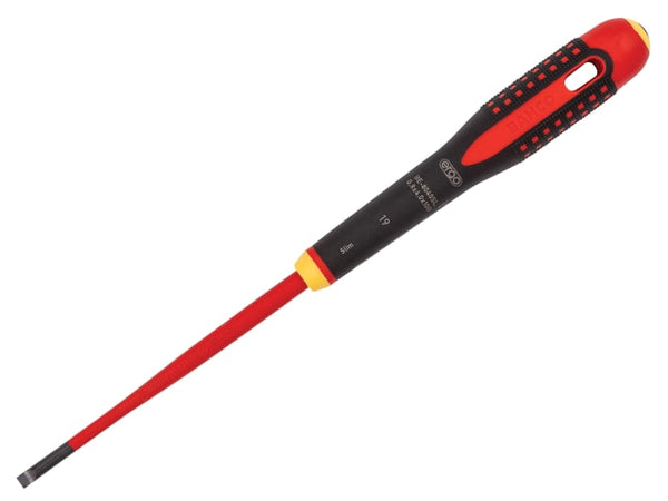 A Bahco Ergo slim VDE insulated screwdriver with a slotted tip for recessed screws.