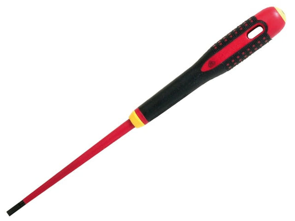 A slim Bahco Ergo insulated slotted screwdriver for safe electrical work.