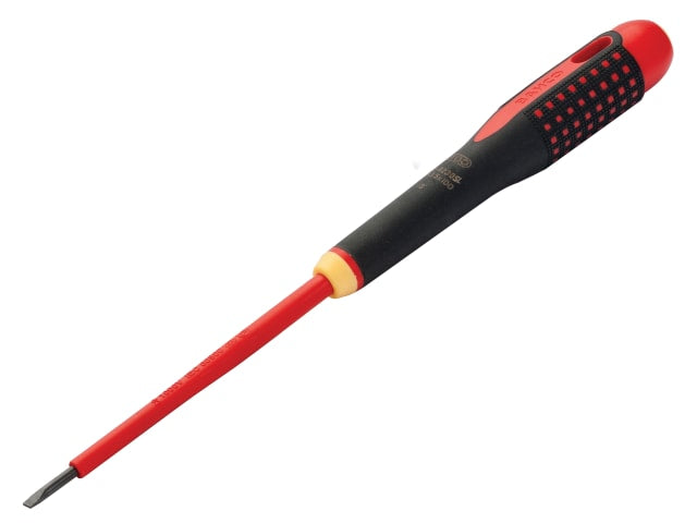 A long Bahco Ergo slim VDE insulated screwdriver with a slotted tip.