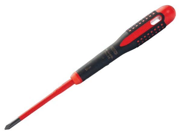 A Bahco Ergo slim VDE insulated screwdriver with a Phillips tip.