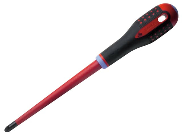 A long Bahco Ergo slim VDE insulated screwdriver with a Pozidriv tip.
