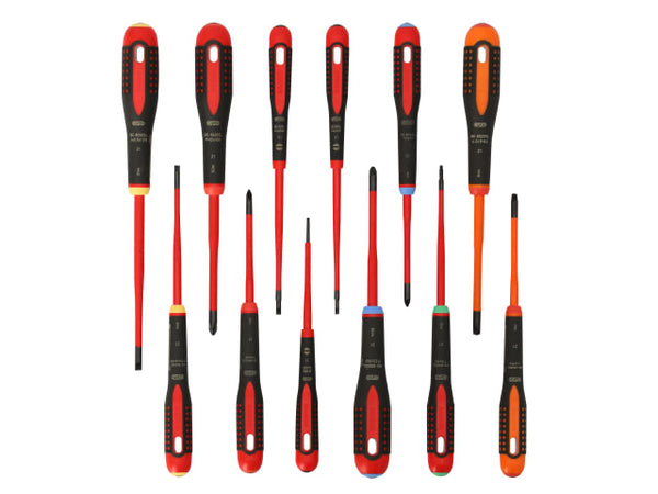 A 12-piece Bahco Ergo slim VDE insulated screwdriver set in a fabric pouch.