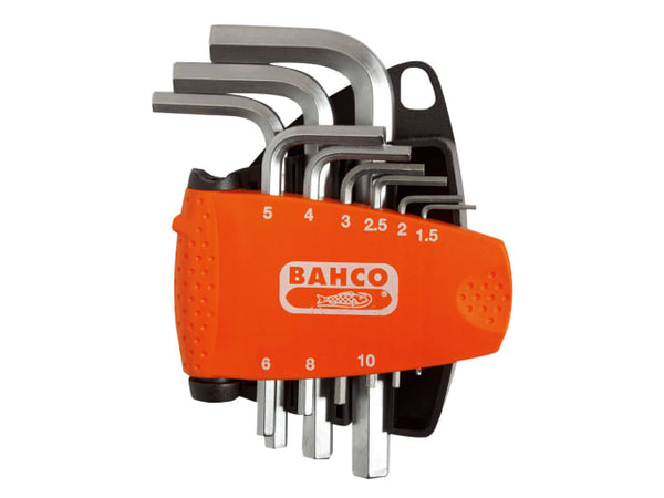 A 9-piece Bahco metric hex L-key set in a compact orange plastic holder.
