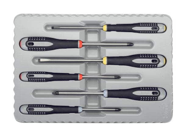 A 6-piece Bahco Ergo screwdriver set with a mix of slotted and terminal tips.