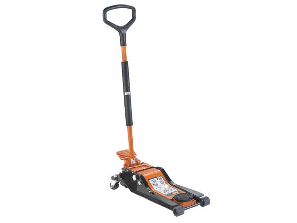A Bahco BH12000 extra low profile 2-ton trolley jack in orange and black.