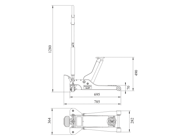 Top-down view of the Bahco 2-ton extra low trolley jack with its long handle.