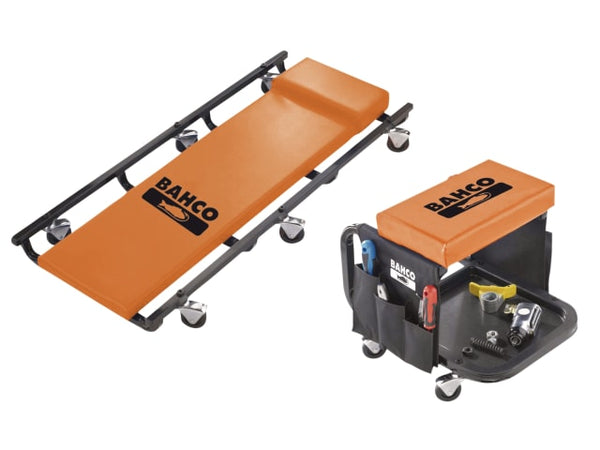 A Bahco creeper and stool set, showing both items side-by-side in orange and black.