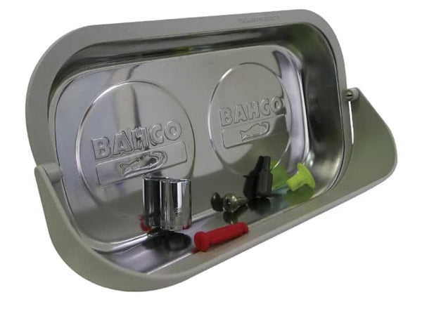 A rectangular Bahco magnetic parts tray for holding nuts, bolts, and screws.