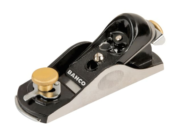 A Bahco BP40 block plane with a black cast iron body and metal knobs.