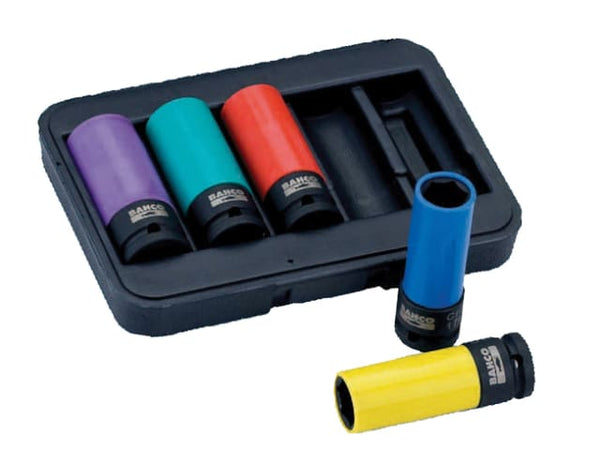 Bahco 5-piece 1/2-inch drive impact wheel socket set in a compact, durable black case.