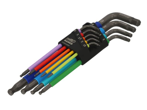 A 9-piece Bahco metric long ball end hex L-key set, color-coded for easy size identification.