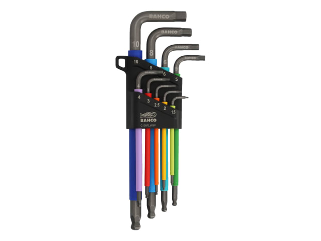 The complete Bahco 9-piece colored hex L-key set displayed neatly in its foldable holder.