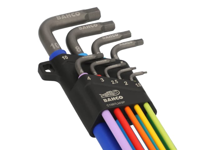 Ball-end feature on the colorful Bahco metric long hex L-key set.