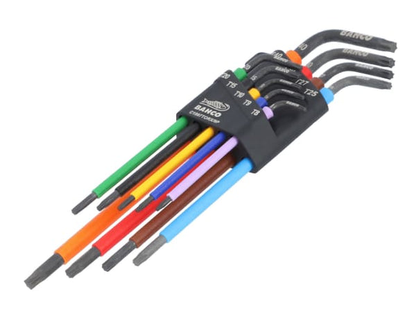 A 9-piece Bahco long Torx colored L-key set, fanned out to show the different sizes and colors.