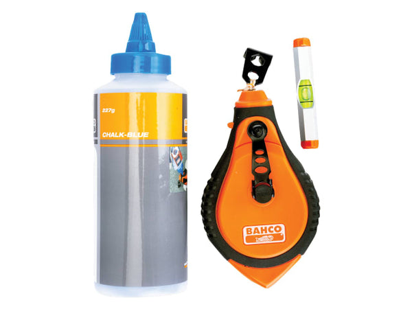 The complete Bahco chalk line set with blue chalk, shown outside of its packaging.