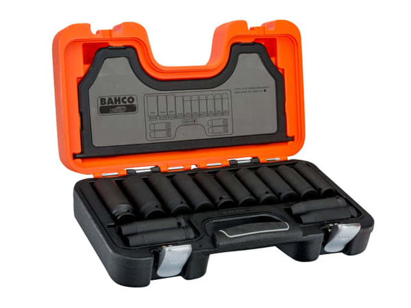 An open view of the Bahco 14-piece deep impact socket set, showing each socket in its place.