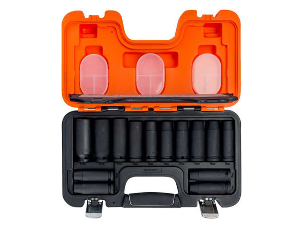 Bahco 14-piece 1/2-inch drive deep impact socket set organized in a sturdy black carrying case.