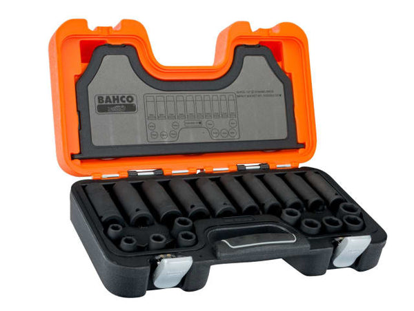The Bahco 20-piece impact socket set with its case open, displaying the full range of sockets.