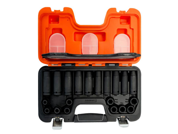 Bahco 20-piece 1/2-inch drive impact socket set, including deep sockets, in a robust case.