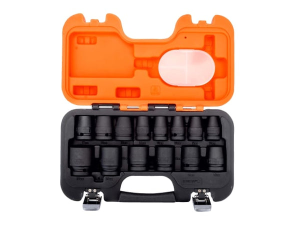 Bahco 14-piece 1/2-inch drive standard impact socket set neatly arranged in a black plastic case.