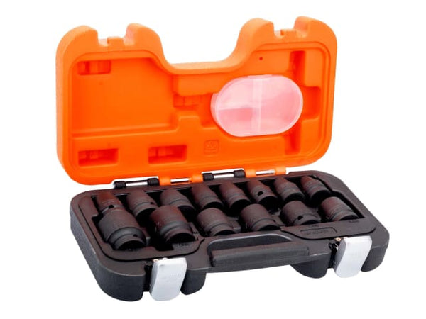 The Bahco 14-piece standard impact socket set is shown with its case open for full visibility.