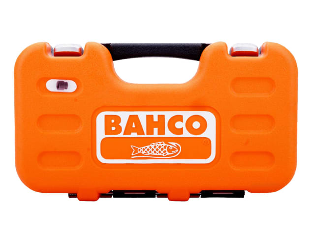 Angled shot of the Bahco 1/2-inch drive standard impact socket set in its open case.