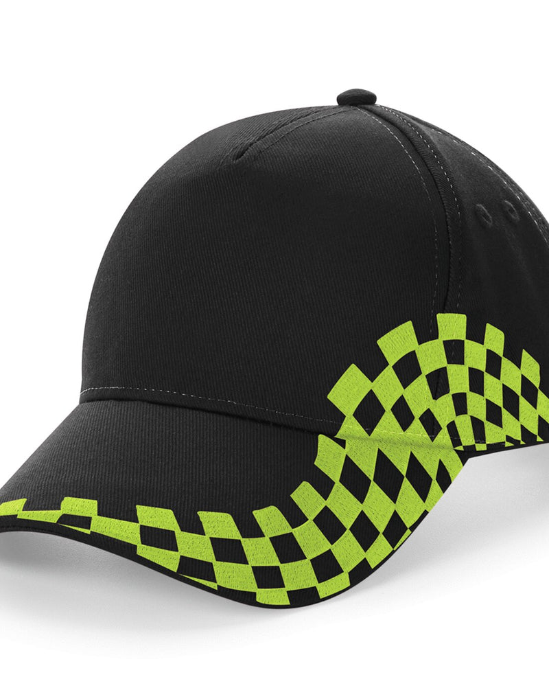 Black Beechfield B159 5-panel cap with a bright lime green sandwich peak.