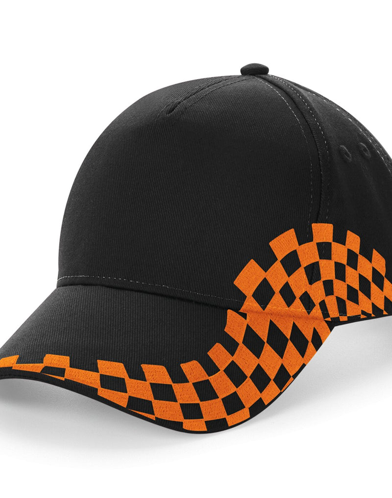 Beechfield B159 5-panel printers cap in black with a vivid orange contrast peak.