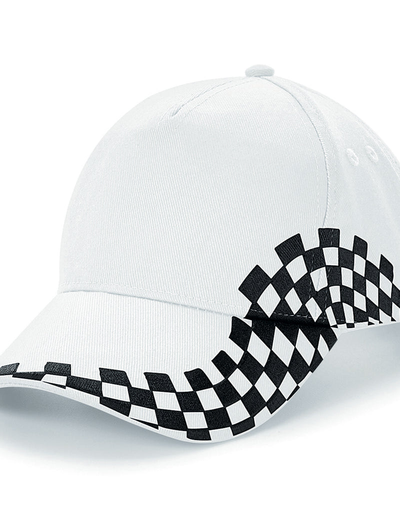 Pure white Beechfield B159 5-panel printers cap, three-quarter view.