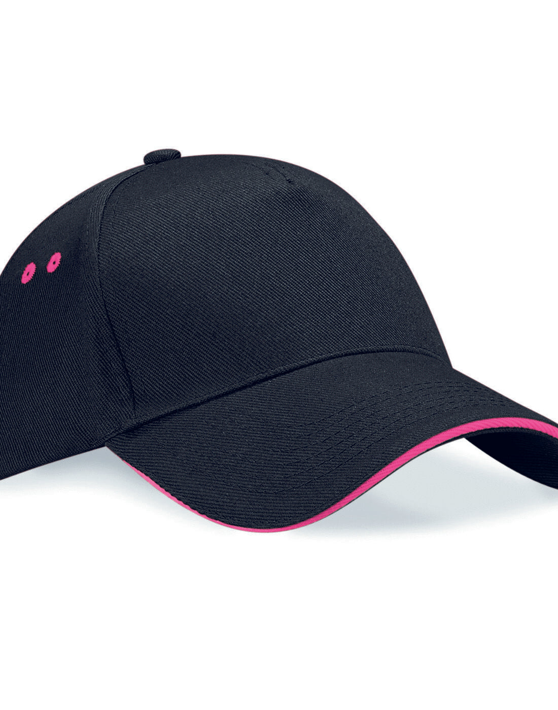 Black Beechfield B15C trucker cap with vibrant fuchsia pink mesh backing.