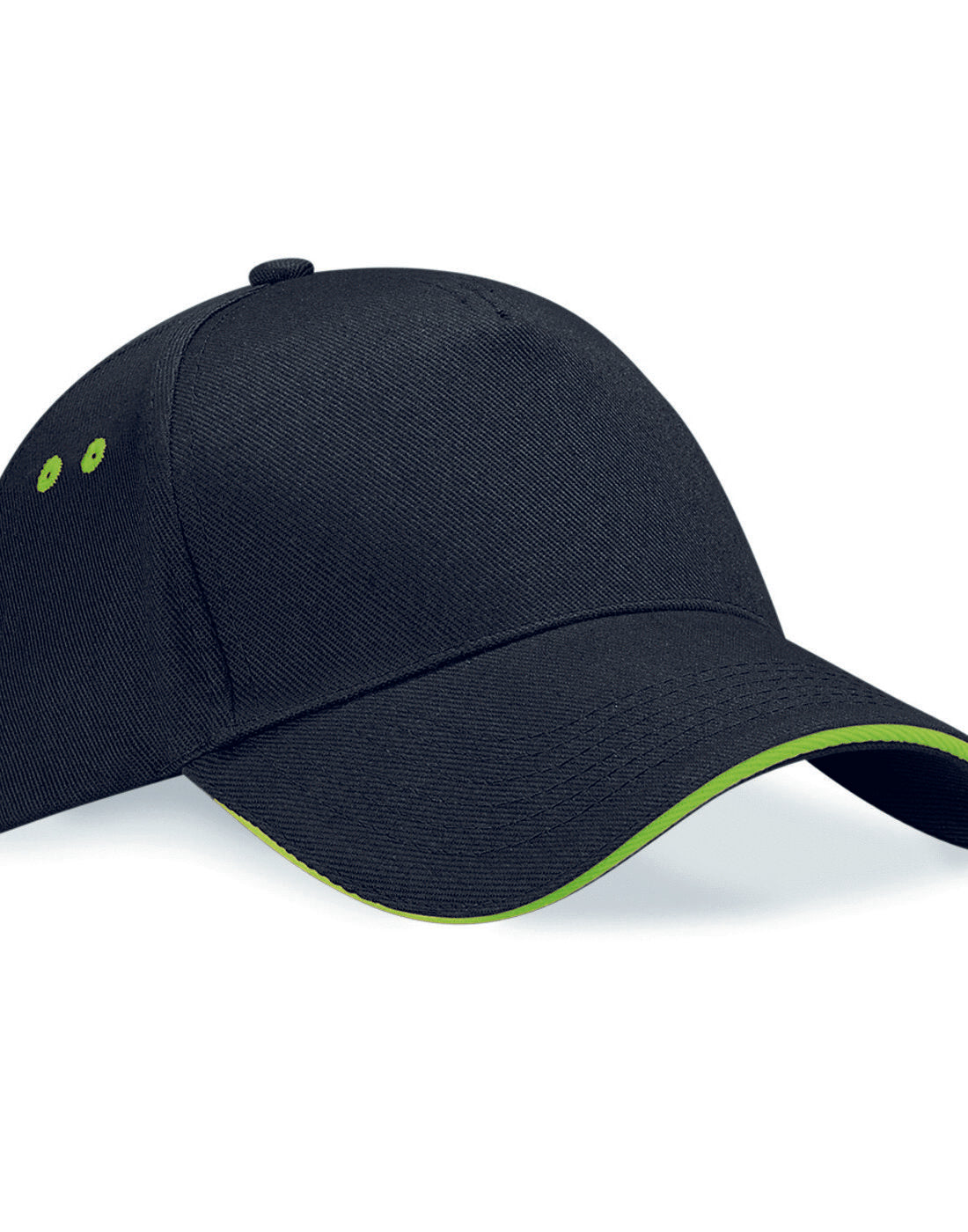 Black and lime green Beechfield B15C contrast snapback trucker cap.