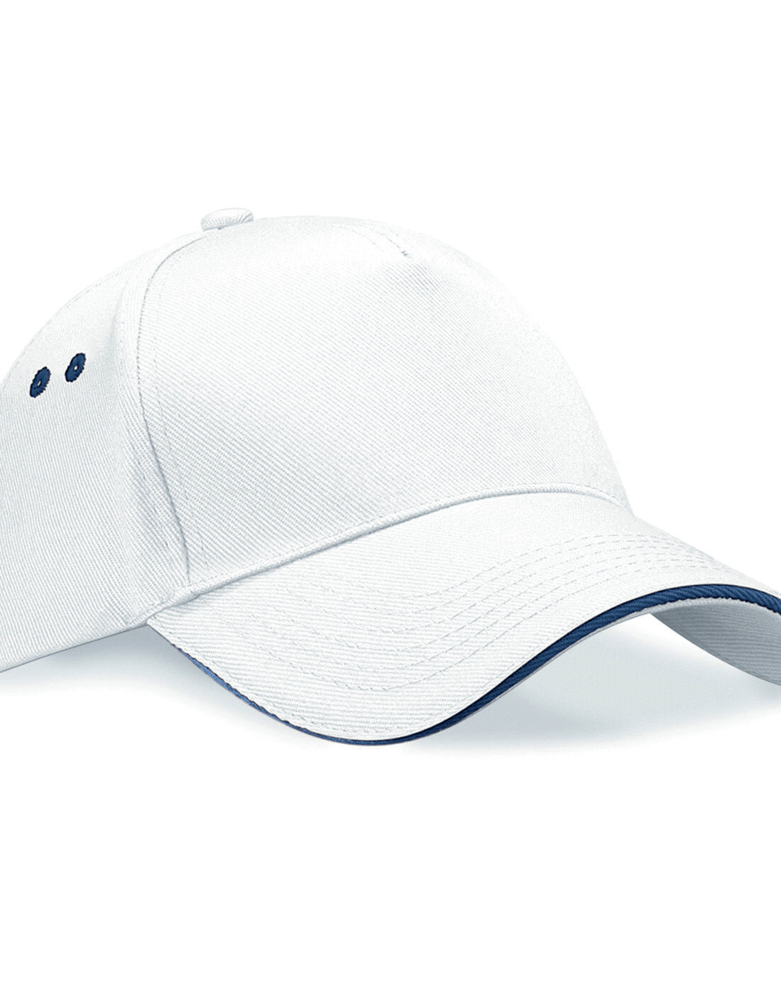 White and French navy Beechfield B15C contrast snapback trucker cap.