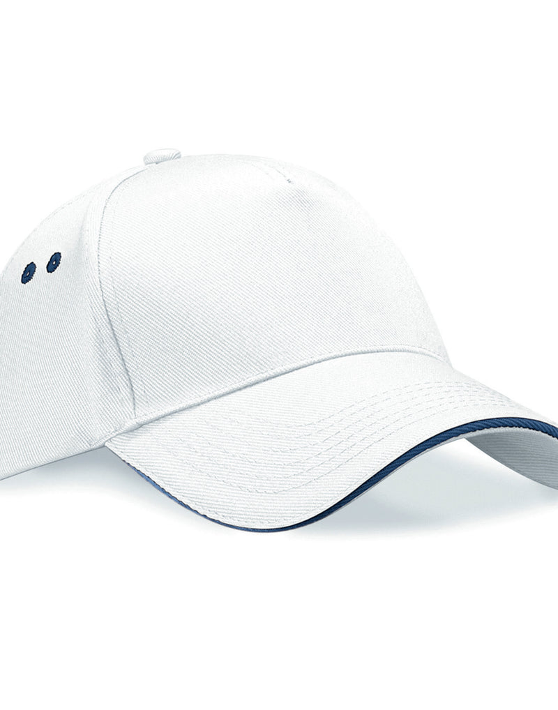 White and French navy Beechfield B15C contrast snapback trucker cap.