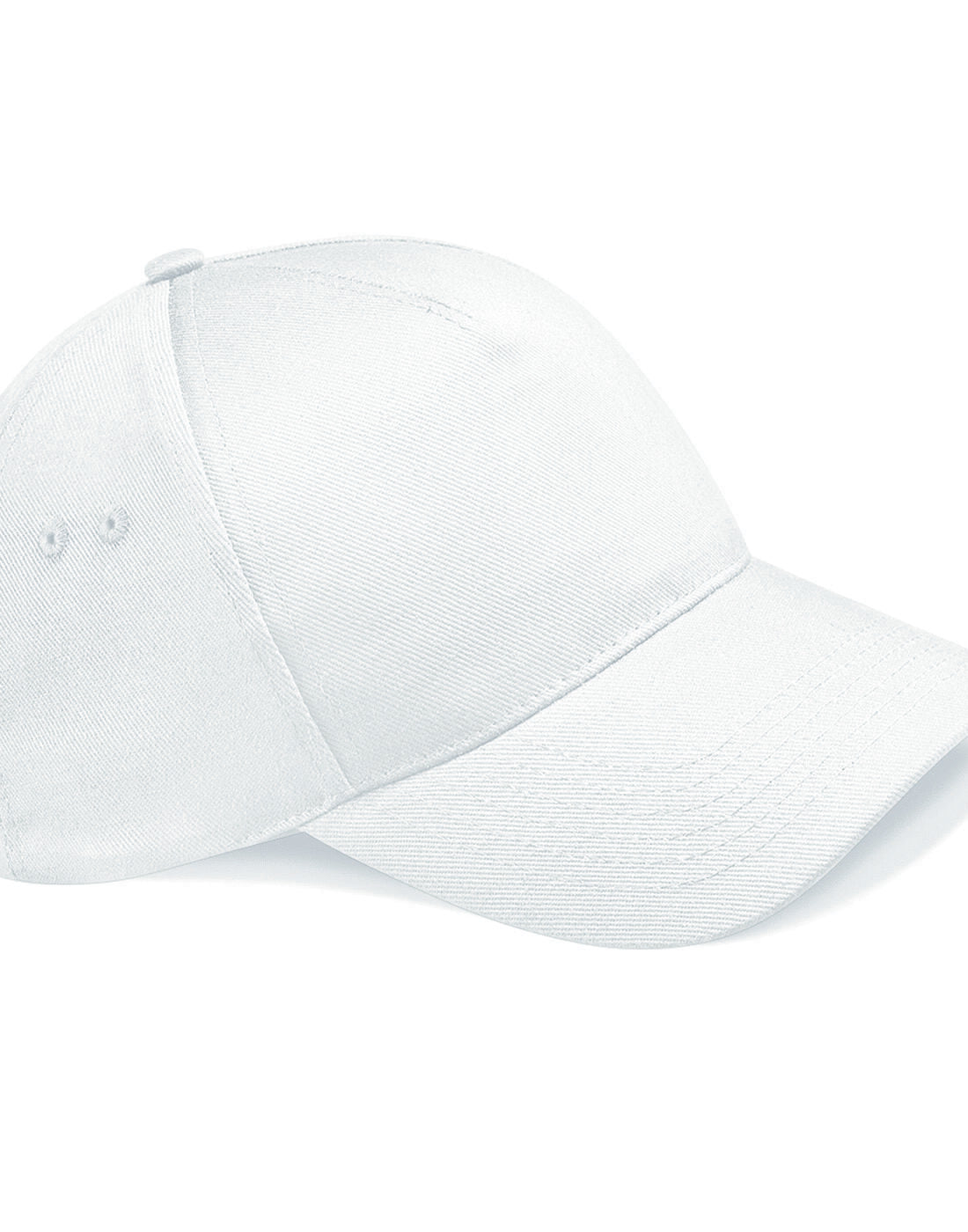 Crisp white Beechfield B15 5-panel cap with an adjustable back strap.