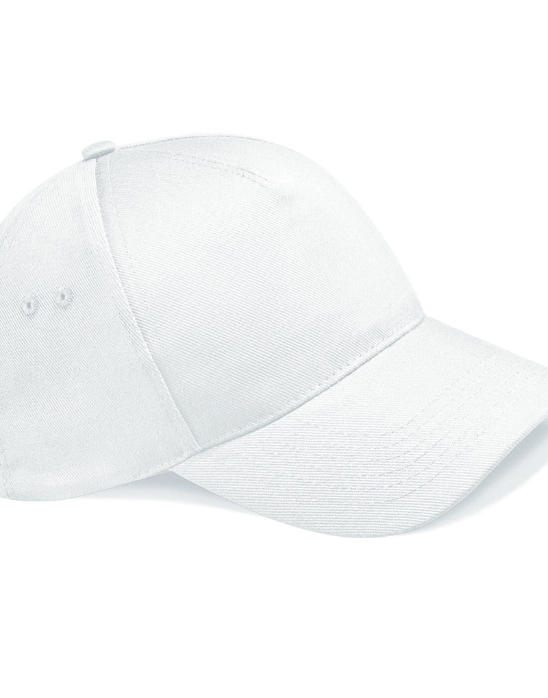 Crisp white Beechfield B15 5-panel cap with an adjustable back strap.