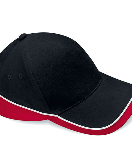 Beechfield B171 trucker cap with a black front, red peak, and white mesh.